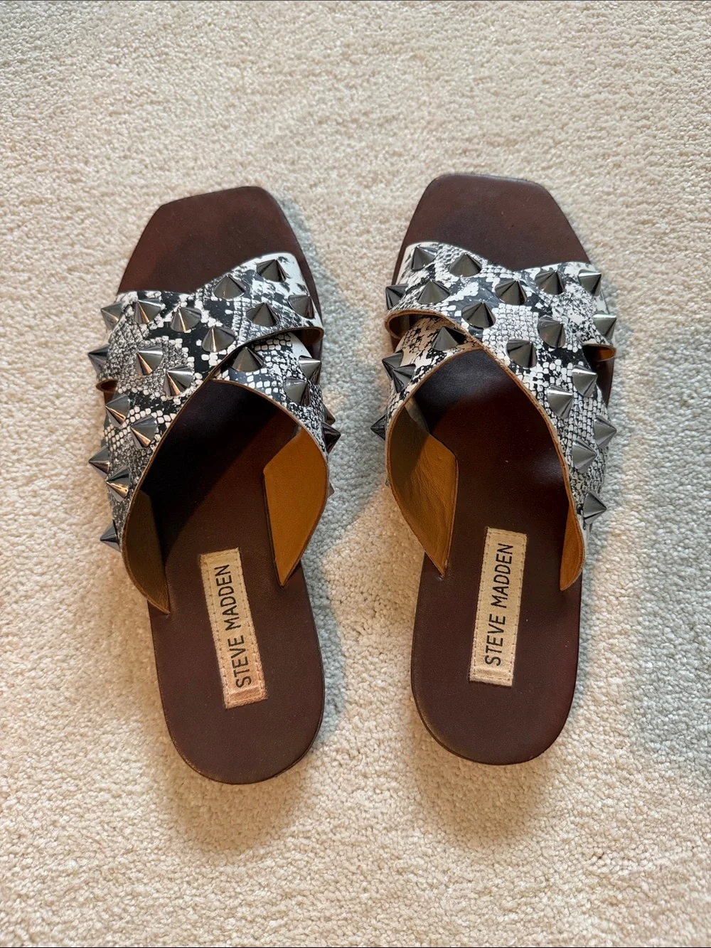 Steve Madden Black & White Studded Cross-Strap Slide Mules
